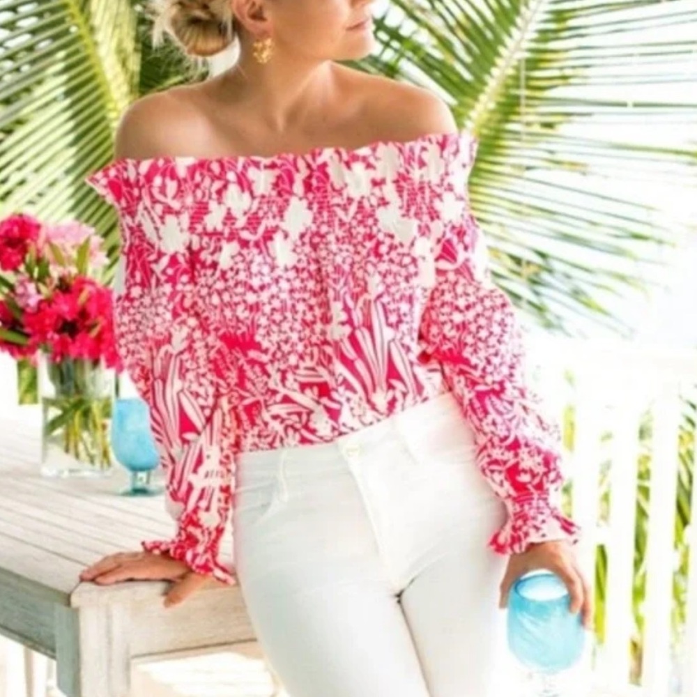 Tuckernuck Pink and White Off-Shoulder Blouse
